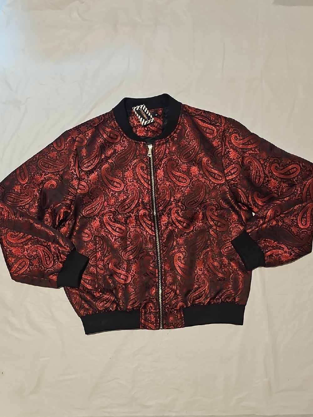 DiBanGu Men's Medium Paisley Casual Zip Lightweight Bomber Jacket Red Black